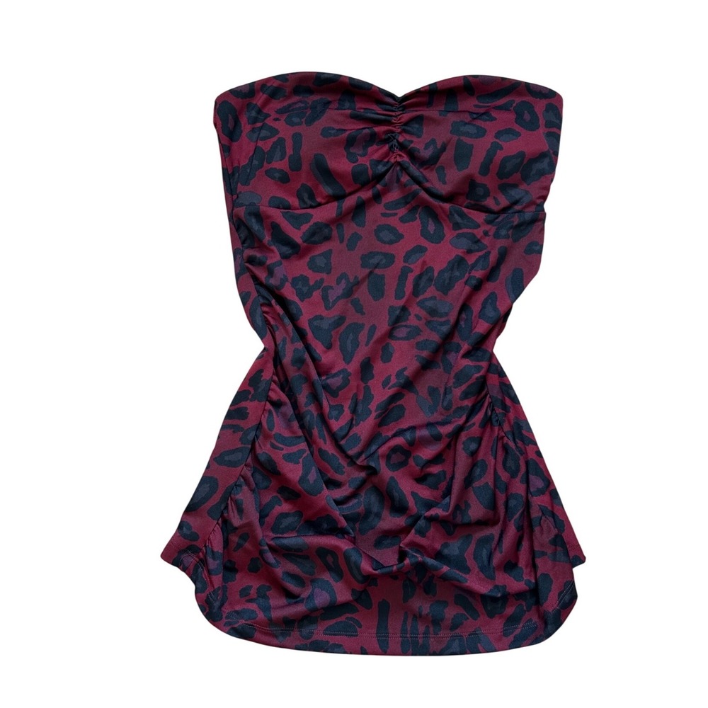 vtg Y2K Burgundy Leopard Print Tube Top Ruched Strapless M grunge emo Goingout‎